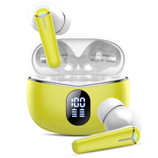 AI headphone translator, 3-in-1 language translator headphones 144 languages with app, 48H Bluetooth 5.4 translator headphones, 4 translation modes real-time translator earbuds LED display for learning, yellow