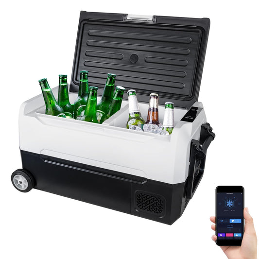 Fullwatt compressor cooler 35L with wheels, freezer with WIFI-APP control, cooling down to -20°C, electric fridge 12V 24V 220V-240V anti-shaking, freezer for camping car, truck, boat.