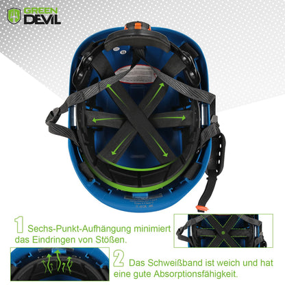 GREEN DEVIL 3-in-1 Forestry Helmet Safety Helmet Construction Helmetcomplying with EN397, High-strength ABS structure helmet, with visor and ear protection ear muffs, stable 6-point attachment