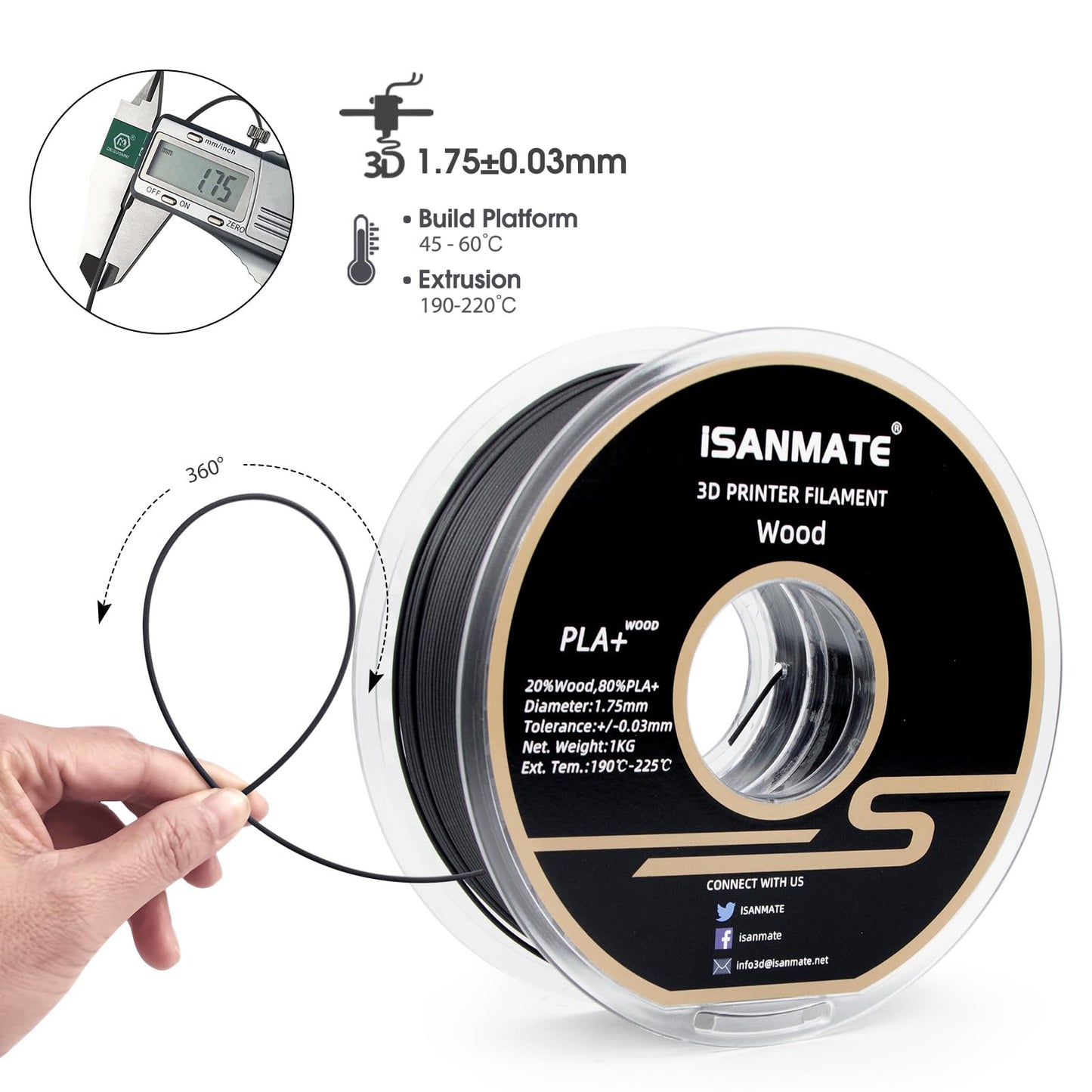 iSANMATE Wood PLA+ Filament 1.75mm, Ebony PLA+ Filament for 3D printers (20% wood powder + 80% PLA+), 1KG spool, Matte wood texture, Accuracy +/- 0.03mm.