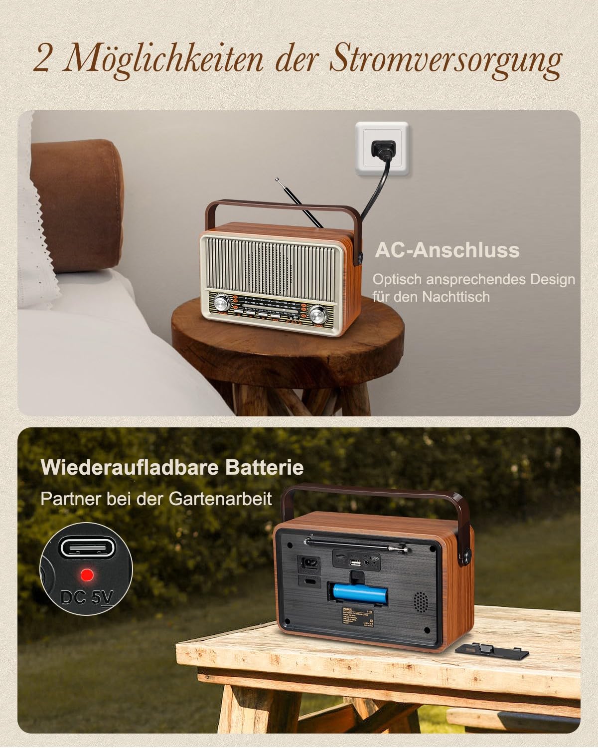 PRUNUS J-120 AM/FM/SW Retro Radio Small, portable radio with 1800mAh battery, or AC power, kitchen radio with Bluetooth, supports USB/TF/AUX, simple radio for seniors. [Light Gold]