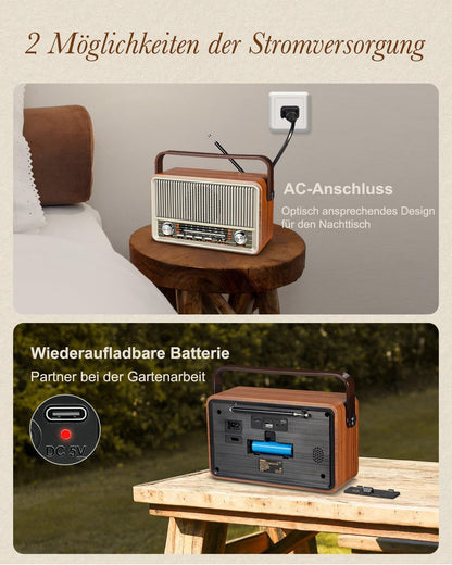 PRUNUS J-120 AM/FM/SW Retro Radio Small, portable radio with 1800mAh battery, or AC power, kitchen radio with Bluetooth, supports USB/TF/AUX, simple radio for seniors. [Light Gold]