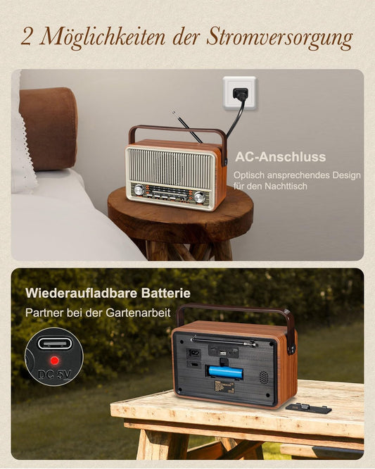 PRUNUS J-120 AM/FM/SW Retro Radio Small, portable radio with 1800mAh battery, or AC power, kitchen radio with Bluetooth, supports USB/TF/AUX, simple radio for seniors. [Light Gold]