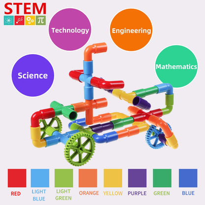 Burgkidz Pipe Tube Toys, 188 pieces of classic building blocks assembly toy with wheels and baseplate for kids. Perfect gift for boys and girls for creative learning education.