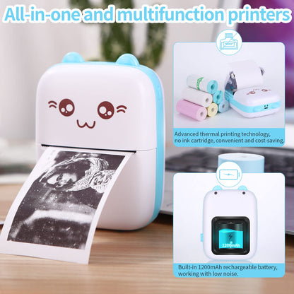 Mini printer pocket printer thermal photo printer image photo labels memo receipt paper printer photo printer with 15 rolls of printer paper compatible with Android, iOS system for journal, travel