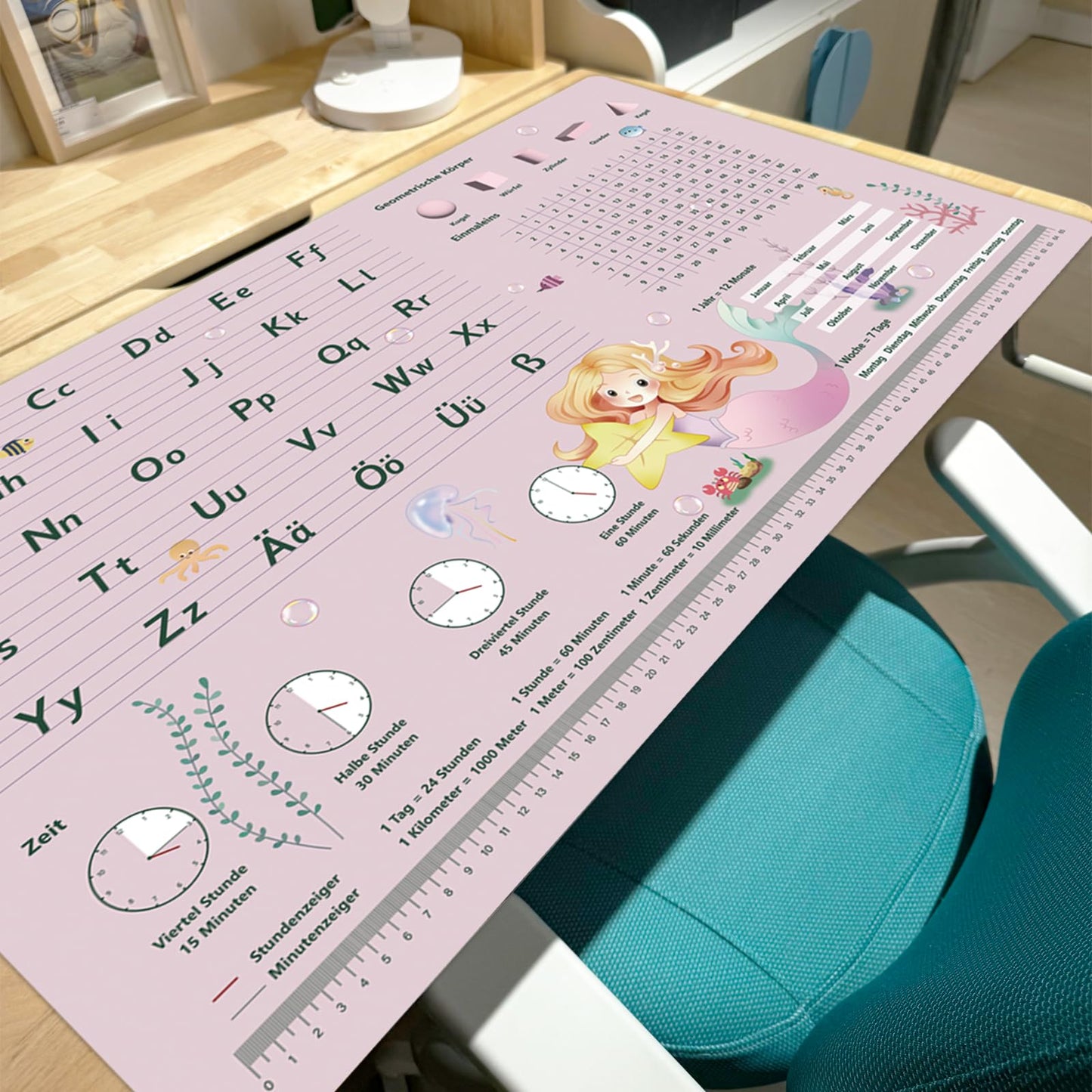 Desk pad for kids - Mermaid pattern ABC desk pad for girls - 70 x 40 cm - Double-sided polyurethane writing pad - Wipeable, oil and dirt repellent, soft