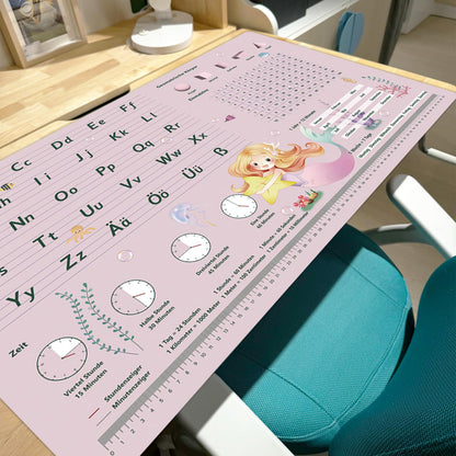 Desk pad for kids - Mermaid pattern ABC desk pad for girls - 70 x 40 cm - Double-sided polyurethane writing pad - Wipeable, oil and dirt repellent, soft