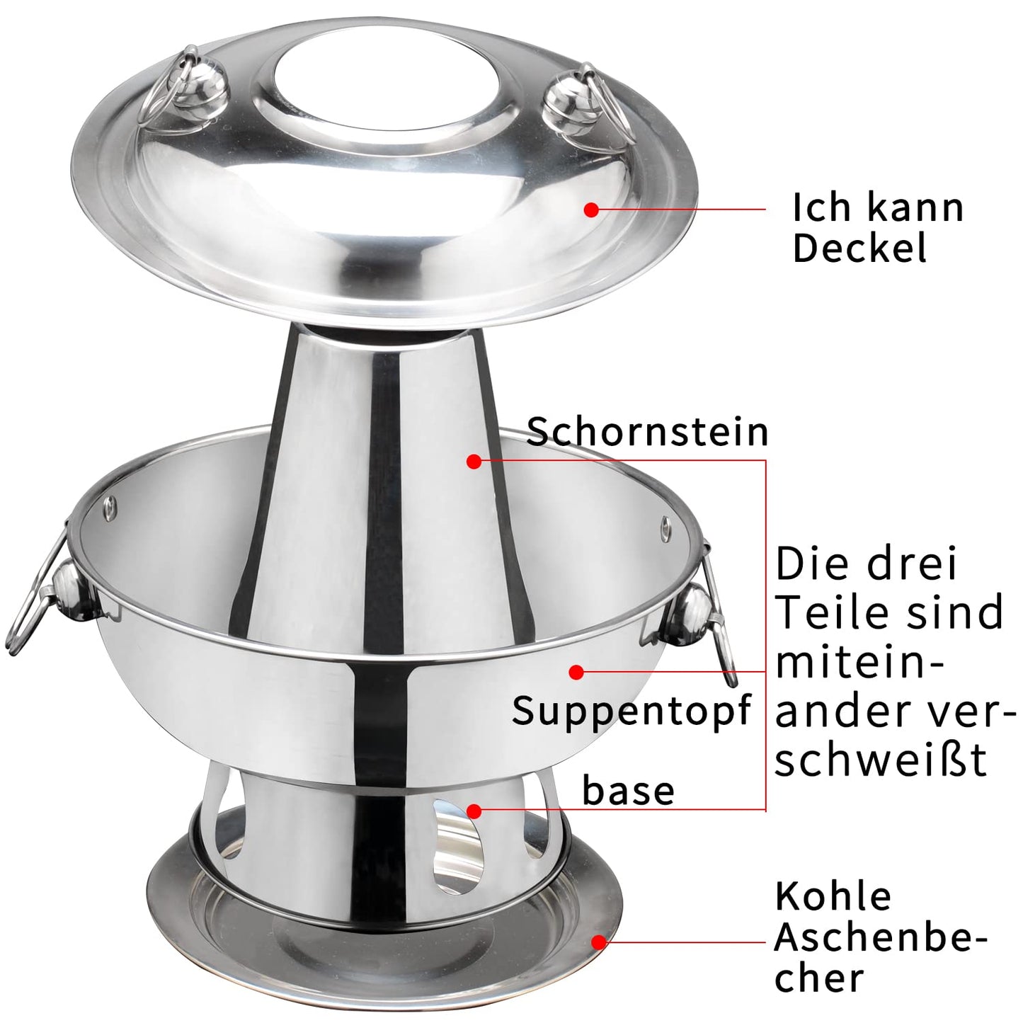 SANQIAHOME 1.8 liter camping stove hot pot made of stainless steel. Chinese charcoal hot pot, Chinese meat fondue lamb cooker, outdoor picnic cooker.