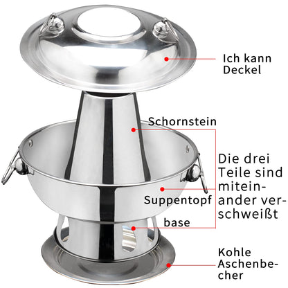SANQIAHOME 1.8 liter camping stove hot pot made of stainless steel. Chinese charcoal hot pot, Chinese meat fondue lamb cooker, outdoor picnic cooker.