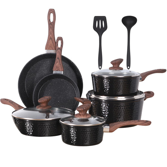 Kitchen Academy Induction Cookware Set - 12-piece Nonstick Cookware Set, Black Granite Pots and Pans Set