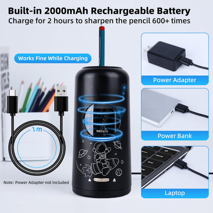 Tenwin Fully Automatic Electric Pencil Sharpener, rechargeable pencil sharpener with container for colored pencils from 7-11.5 mm, portable and safe for home, office, school (Black)