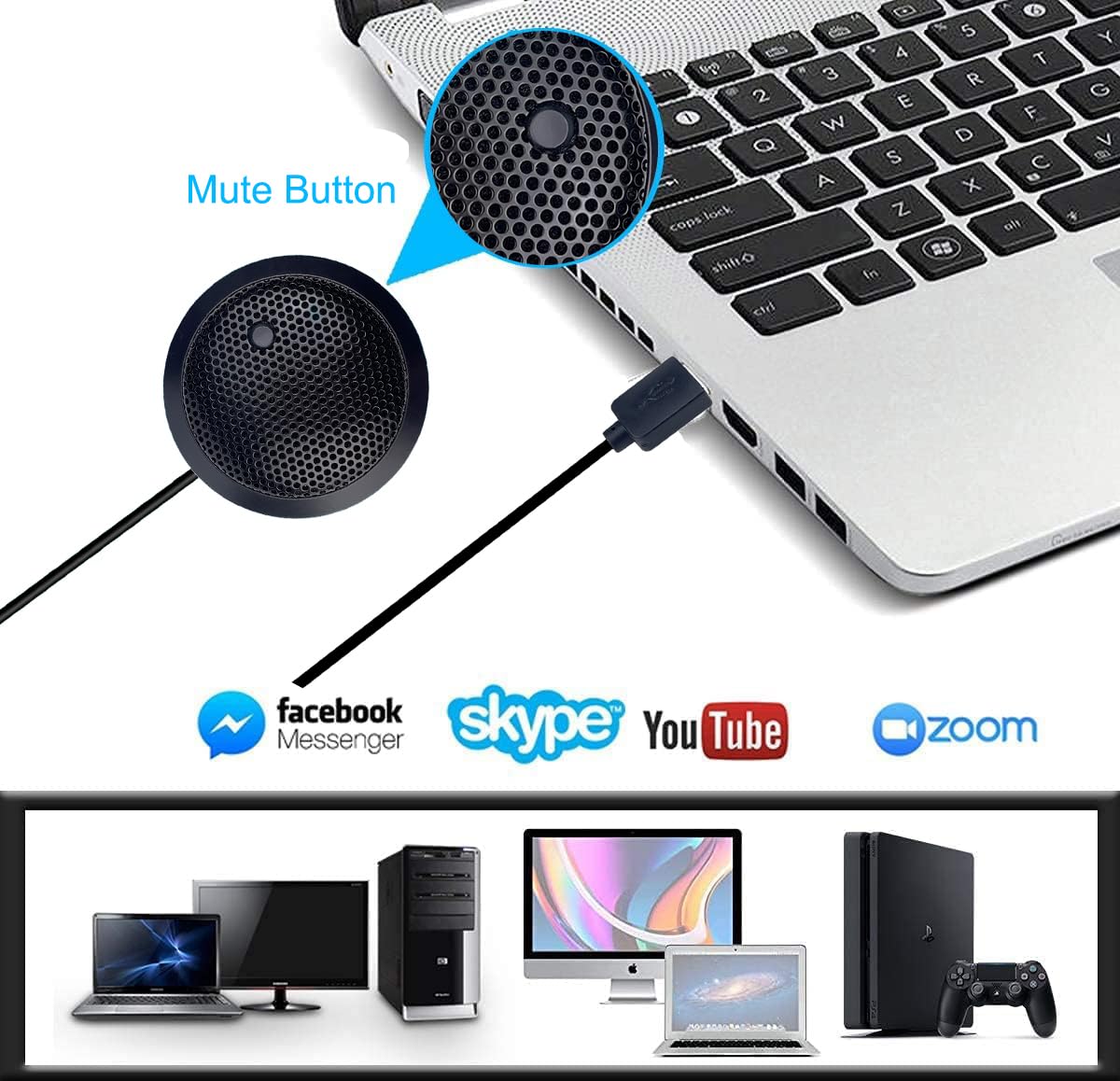 USB conference microphone, USB microphone for computer, 360° omnidirectional condenser PC laptop microphone with mute button for online meetings/classes, Zoom calls, chats, streaming, plug & play.