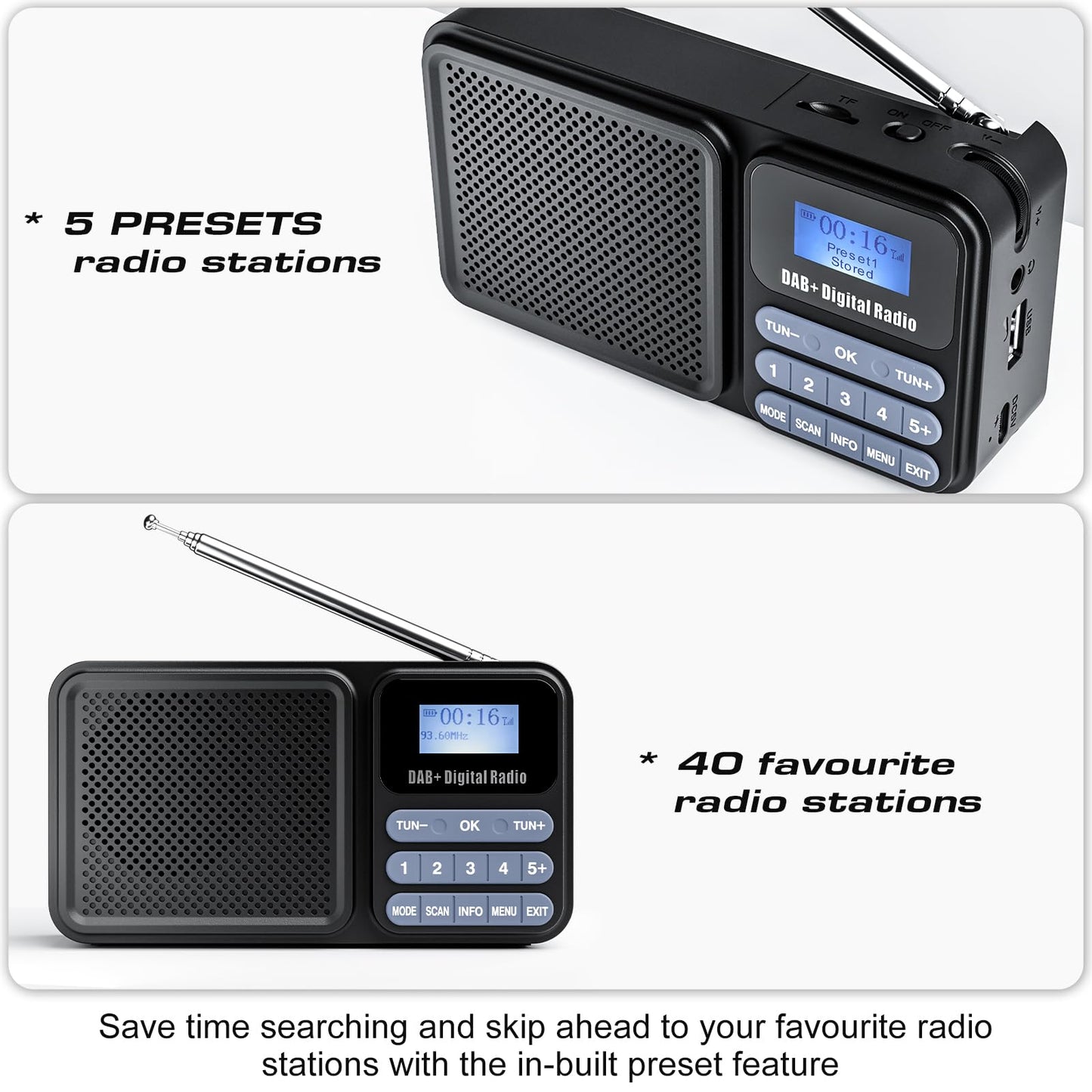 Gallypek portable DAB radio, DAB plus radio FM radio with Bluetooth 5.0 & 80 presets kitchen radio with cable or 2000mAh battery, supports solar & USB charging USB flash drive/TF/AUX connection.