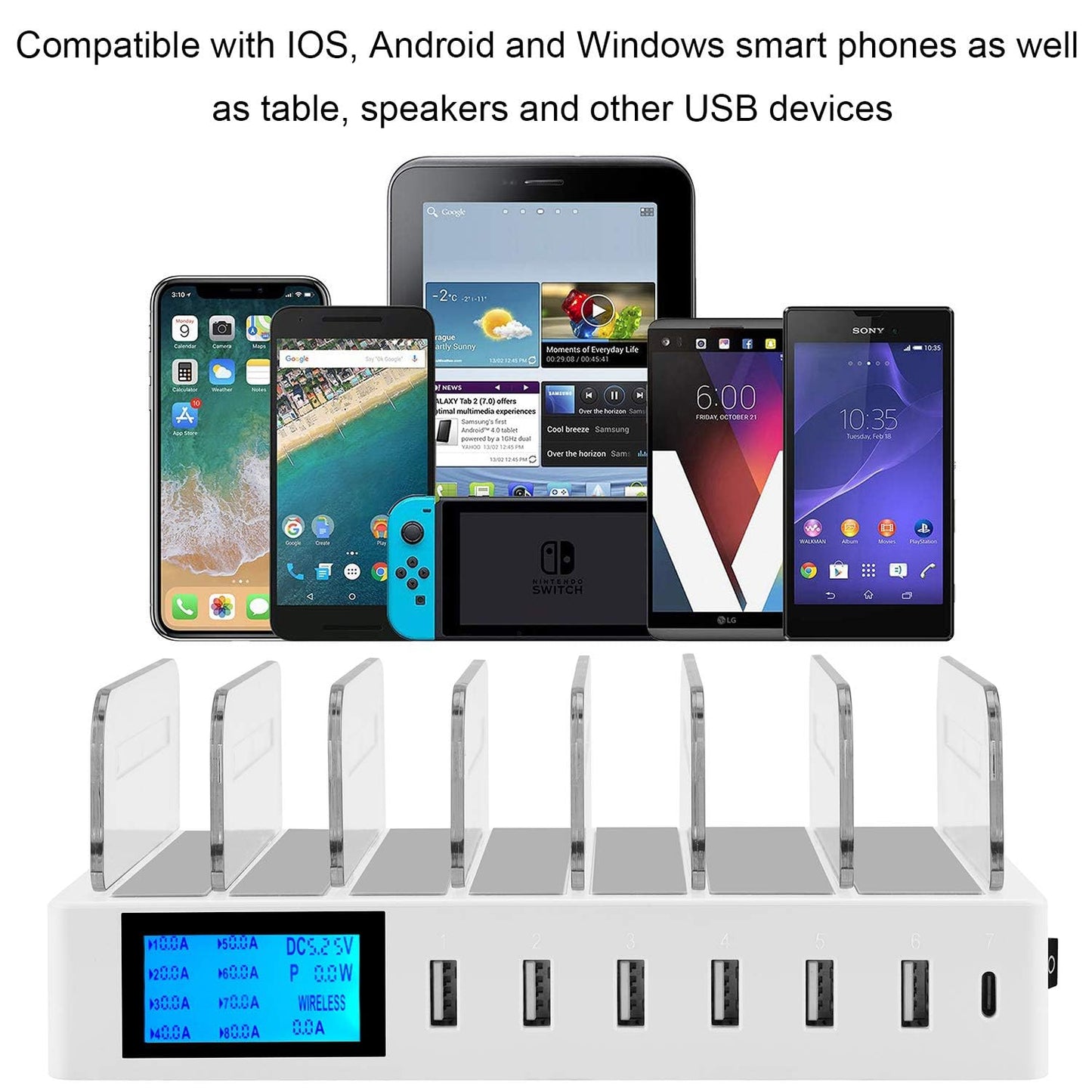 Charging station for multiple devices with 7 ports. Includes 7 short cables. Multi-device charging dock, 70W QC3.0 desktop station compatible with iPhone, iPad, Samsung, and other smartphones.