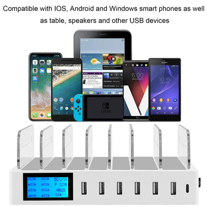 Charging station for multiple devices with 7 ports. Includes 7 short cables. Multi-device charging dock, 70W QC3.0 desktop station compatible with iPhone, iPad, Samsung, and other smartphones.