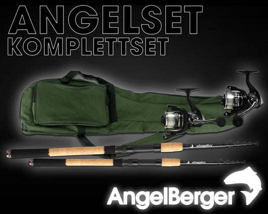 Angel Berger fishing set complete set with 2 telescopic rods, reels, rod bag, fishing rods, reels with fishing line, and rod bag.