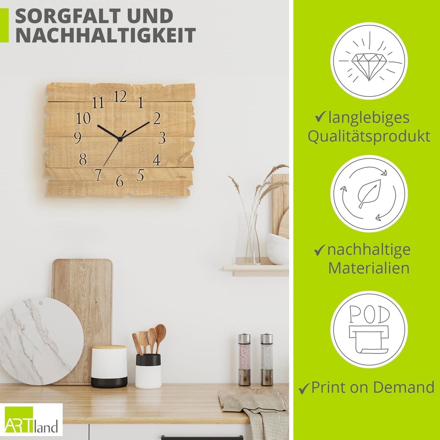 ARTLAND wall decoration wall clock without ticking noises made of wood quartz clock silent 40x30 cm rectangular pattern rustic country style light brown U1UM