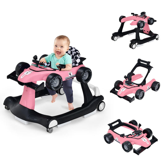 COSTWAY 4 in 1 walker, foldable and adjustable height & speed baby walker shaped like a car with music box, lights & wheels for babies 6 months and up, maximum weight 12kg (Pink)