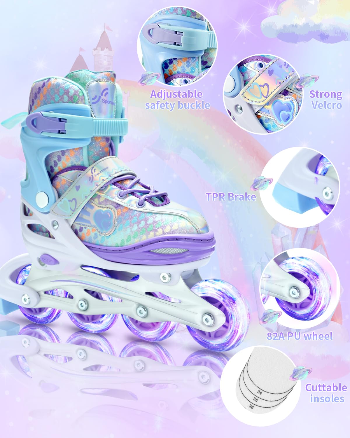 Adjustable inline skates for children sizes 34-41, Sportneer Inline Skates with 6-piece protective gear set for kids girls women, 8 LED light-up inline skates for kids rainbow series.