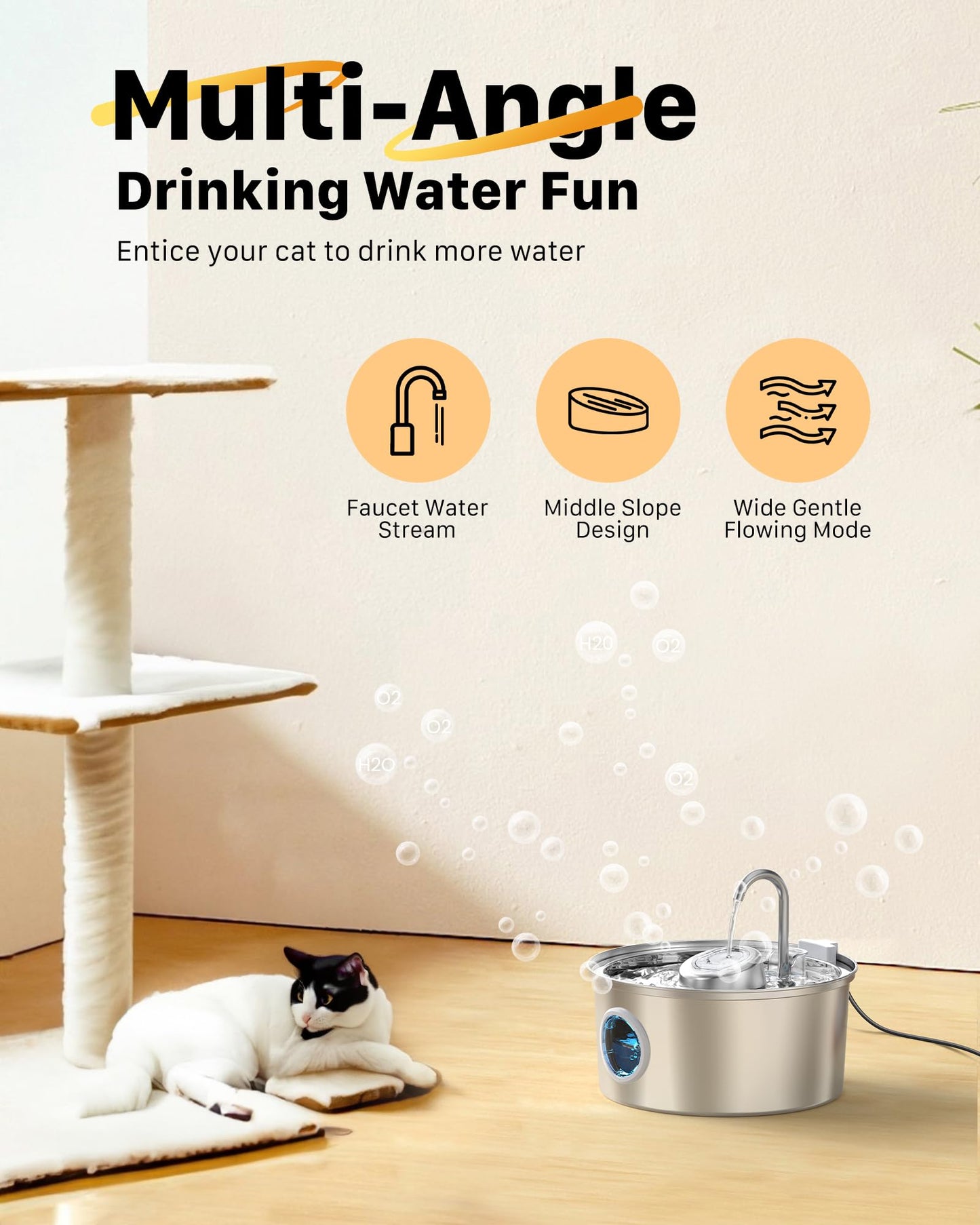 Cat fountain: 3.2L drinking fountain for cats with transparent window - Cat fountain for cats made of stainless steel in the shape of a water tap - Silent water pump - Multiple filtration - KOOGMOON