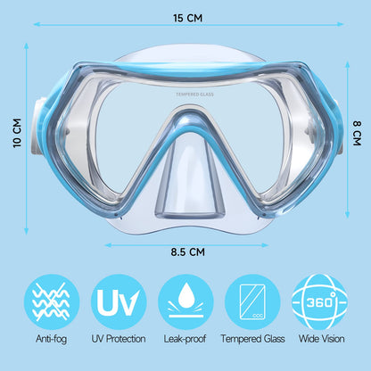 Findway kids diving mask, swimming goggles for boys and girls teenagers, snorkel mask with nose cover 180° panoramic HD anti-fog anti-leak diving mask for children 6-16 years.