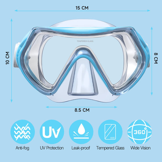 Findway kids diving mask, swimming goggles for boys and girls teenagers, snorkel mask with nose cover 180° panoramic HD anti-fog anti-leak diving mask for children 6-16 years.