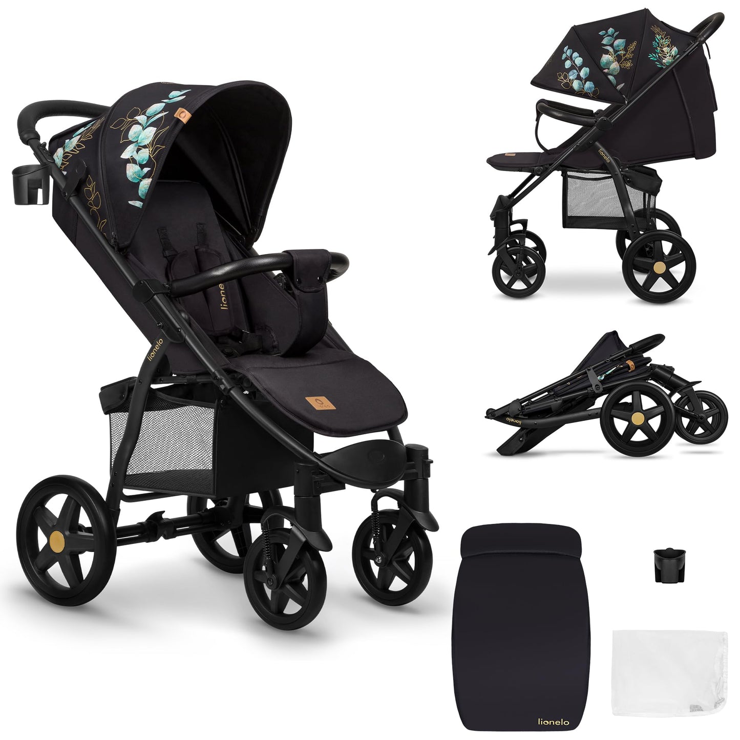 LIONELO Annet Plus stroller up to 22 kg with adjustable backrest, compact fold with accessories, EVA foam wheels, mosquito net, footmuff, cup holder, basket