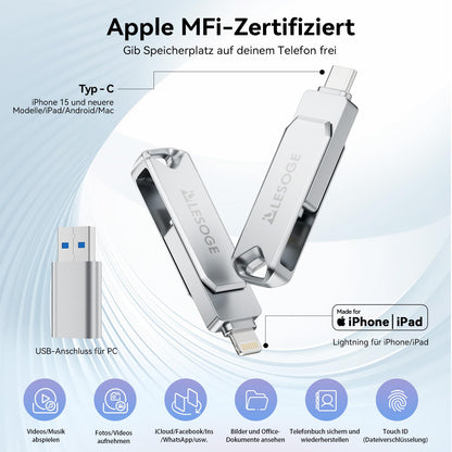 LESOGE MFi-Certified 128GB USB C Stick, Mini USB Stick for Saving Photos on Phones, 3 in 1 USB C and 3.0 Stick, External Storage for Photos and Videos, Photo Stick for iPhone/iPad/Android/PC/Mac (Silver)