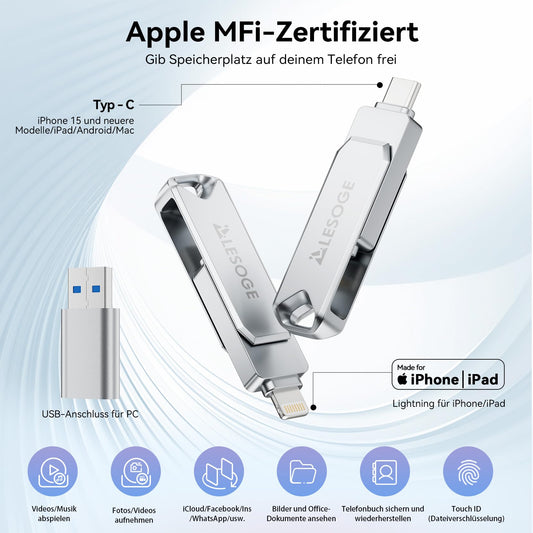 LESOGE MFi-Certified 128GB USB C Stick, Mini USB Stick for Saving Photos on Phones, 3 in 1 USB C and 3.0 Stick, External Storage for Photos and Videos, Photo Stick for iPhone/iPad/Android/PC/Mac (Silver)