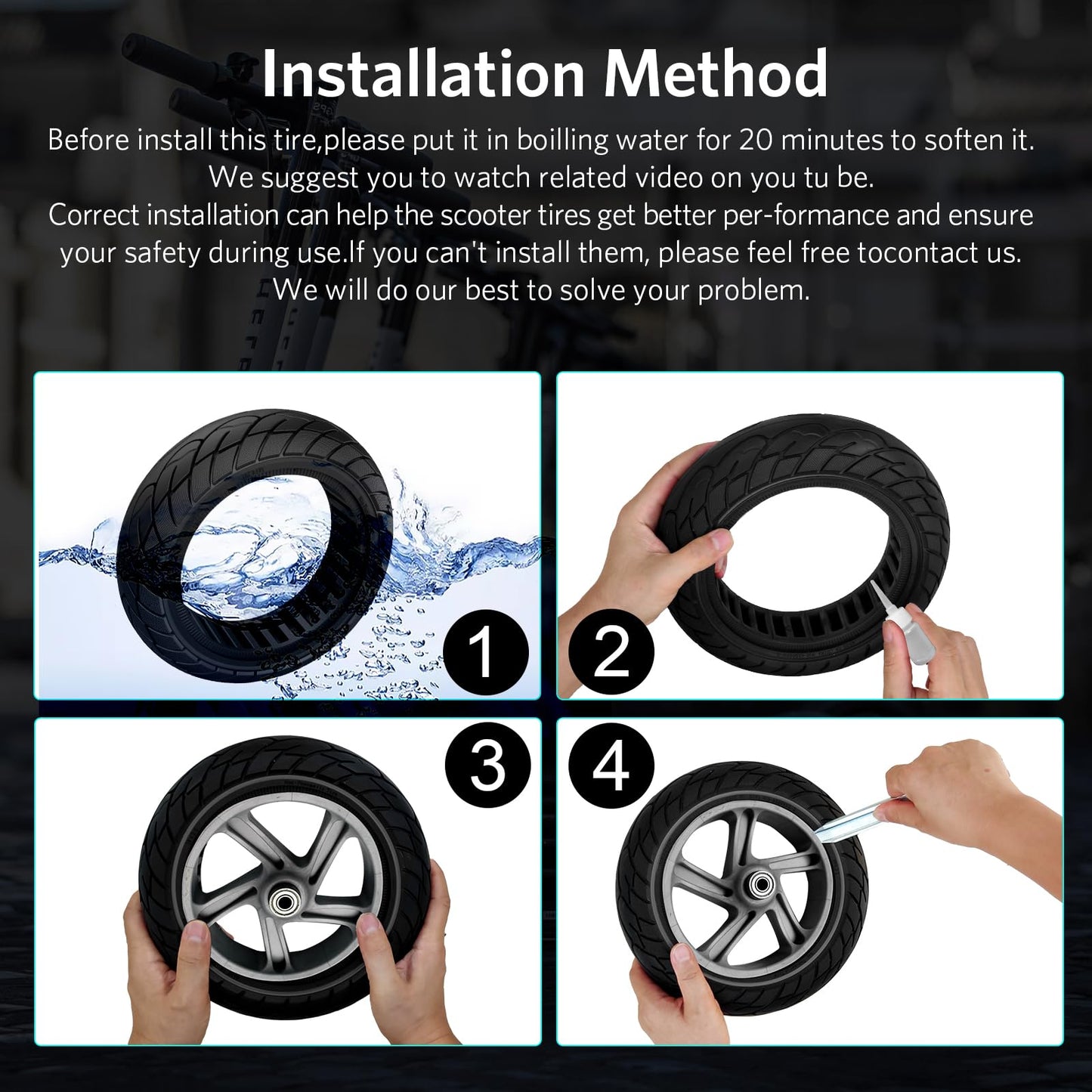 OUXI 10x2.125 inch Solid Replacement Tire with 1 Installation Tool for Electric Scooters Full Rubber Tyre, 10x2.125 inch Replacement Wheels, Full Rubber Tyre, High Elasticity Electric Scooter Tire