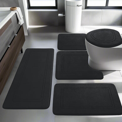 Bathroom Rug Set 5 Pieces, Soft Memory Foam Bath Mat Non-Slip Washable, Bathroom Rugs Set for Toilet Shower and Bathtub Black