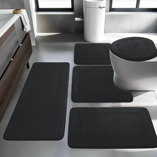 Bathroom Rug Set 5 Pieces, Soft Memory Foam Bath Mat Non-Slip Washable, Bathroom Rugs Set for Toilet Shower and Bathtub Black
