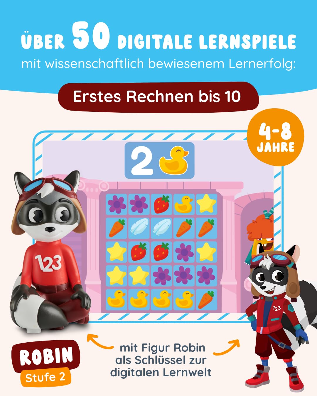 Edurino Figure Robin First Arithmetic up to 10 (Level 2) from 4 years including app | Innovative and digital learning game | Number comprehension | Sorting & ordering numbers | First addition & subtraction.