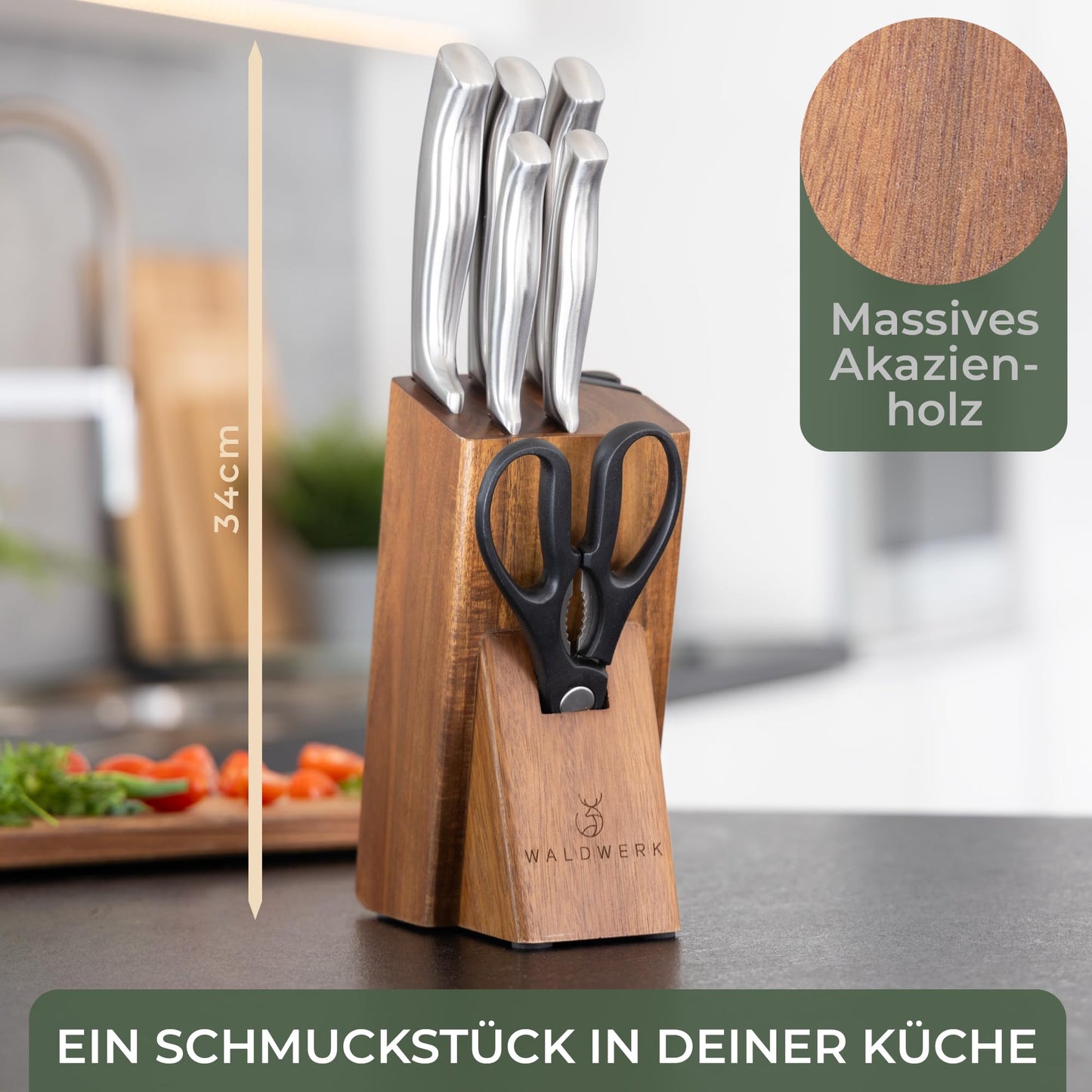 ForestWood Knife Block - 7-piece Knife Set with Knife Block and built-in Knife Sharpener - Knife block with knives - Kitchen Knife Set - Knife set with block - Knife Set
