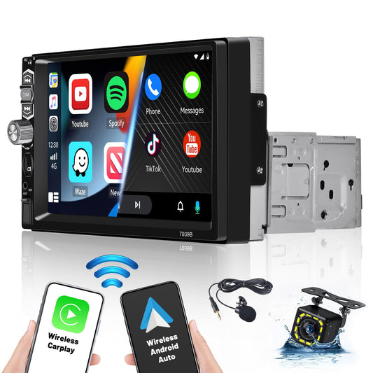 Hikity 7 Inch 1 Din Car Stereo with Bluetooth, Android Auto, Wireless Carplay, Touch Screen with Mirror Link for Android/iOS, FM Radio, USB, SWC, TF, Rear View Camera