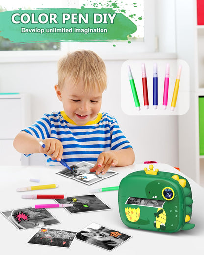 Children's camera instant camera, Hangrui instant camera for children, 1080P 2.4 inch screen camera kids instant print with 32G card, 3 rolls printing paper, 5 colored pens gift for children 3-12 years.