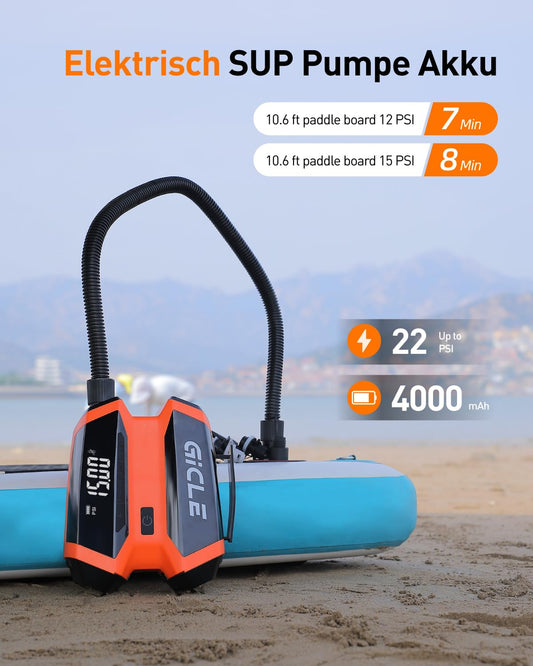 GICLE rechargeable electric SUP pump with portable power bank, 22 PSI high pressure battery paddle board pump for inflatable paddleboard, boat, tent, kayak.