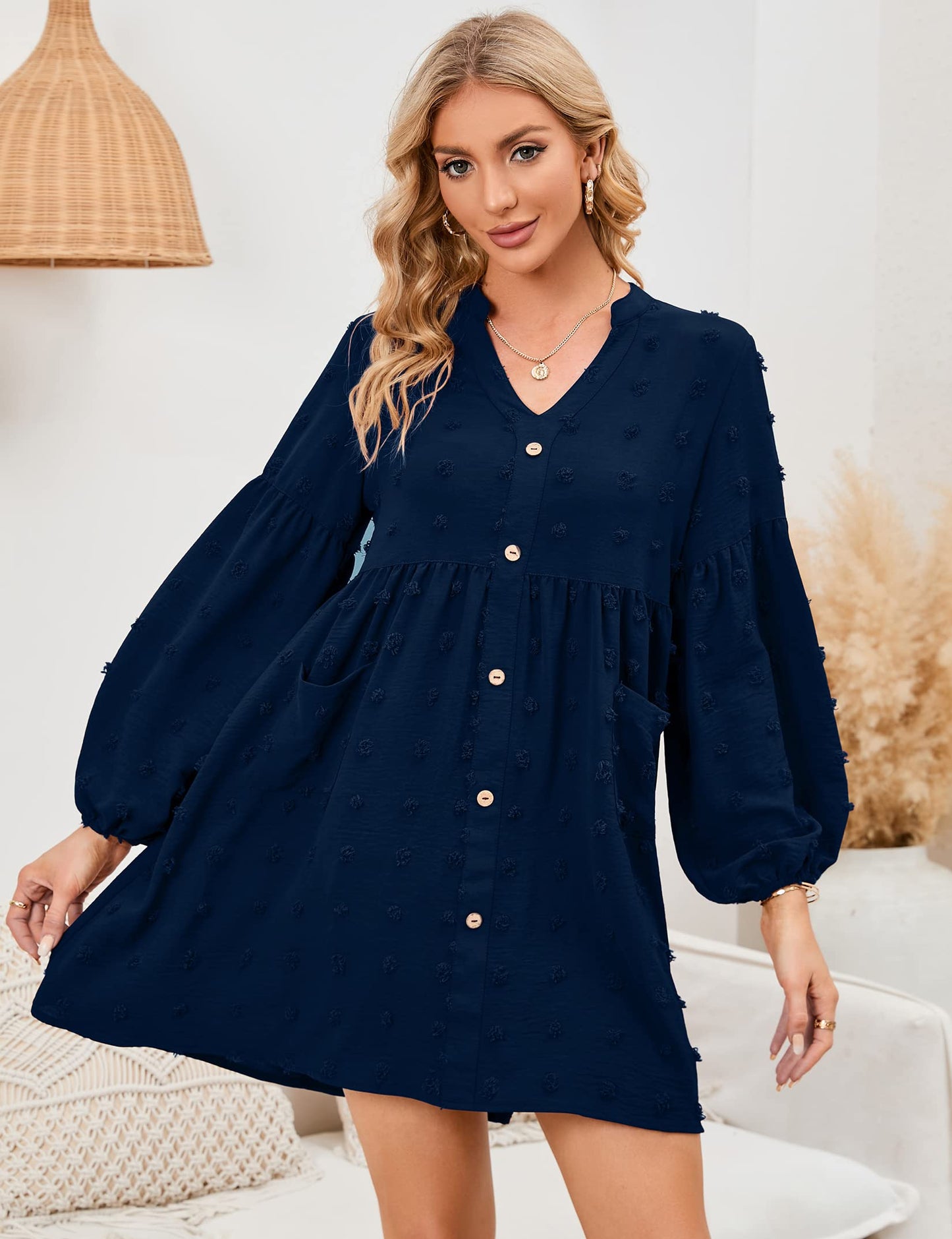 KOJOOIN Women's Tunic Dress Long Sleeve Swing Dress with Short V-Neck Button Front Blouse Dress Swiss Dot Casual Mini Dress Leisure Dress with Pockets (Packaging MULTIPLE), A-Dark Blue, L