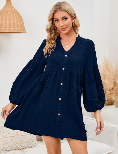 KOJOOIN Women's Tunic Dress Long Sleeve Swing Dress with Short V-Neck Button Front Blouse Dress Swiss Dot Casual Mini Dress Leisure Dress with Pockets (Packaging MULTIPLE), A-Dark Blue, L