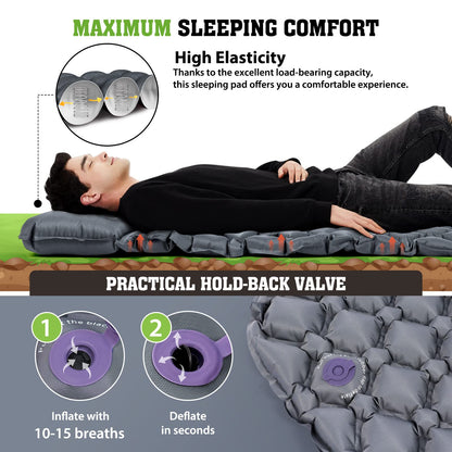 HIKENTURE sleeping pad for camping, trekking, and backpacking. Inflatable air mattress with small pack size and ultralight design. Grey with pillow.