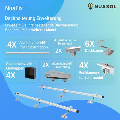 NuaSol PV Photovoltaic 2-set Mounting Kit Tile Roof Mount Rail Roof Hook - incl. Solar Aluminum Profile, End Caps, 35mm End Clamps, up to 115cm Width per Module and 35mm Height, Silver