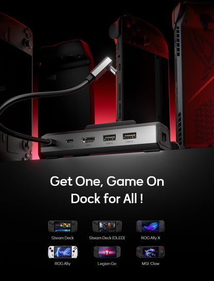 JSAUX Steam Deck Dock 5-in-1 docking station compatible with Valve Steam Deck/OLED/ASUS ROG Ally X/Legion Go S/MSI Claw. Features HDMI 4K@120Hz, two USB 2.0 ports, 100Mbps Ethernet, and 100W PD charging. Model HB0602.