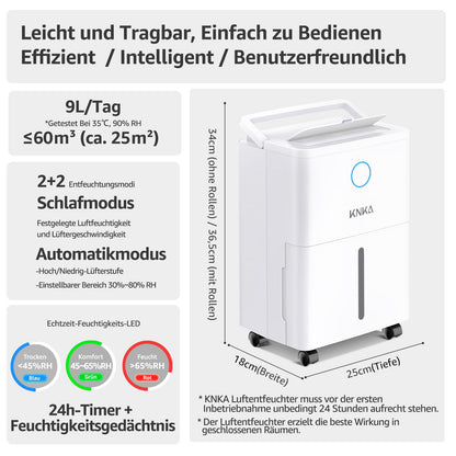 KNKA Dehumidifier, 9L/T, Quiet Electric Dehumidifier, Room Dehumidifier with Drain Hose, Removable Casters, Child Lock, 24H Timer, 60m³ (25m²), for Bedroom, Bathroom, and Laundry Room