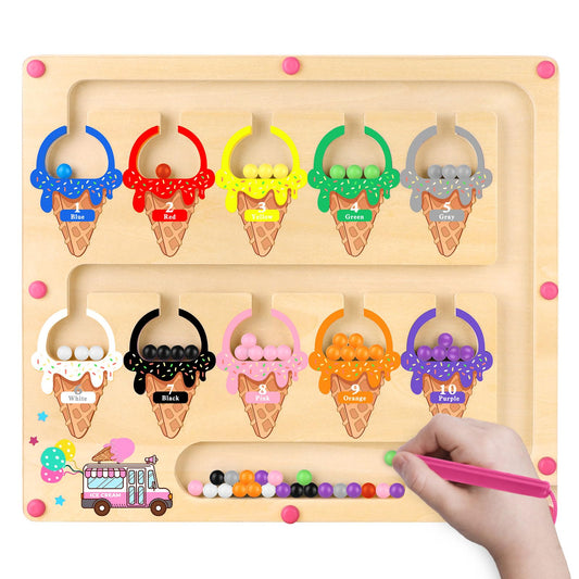 Montessori toy for 3-4 year olds: magnetic maze is a great gift for girls and boys. This wooden toy helps kids learn numbers, colors, and improve motor skills.