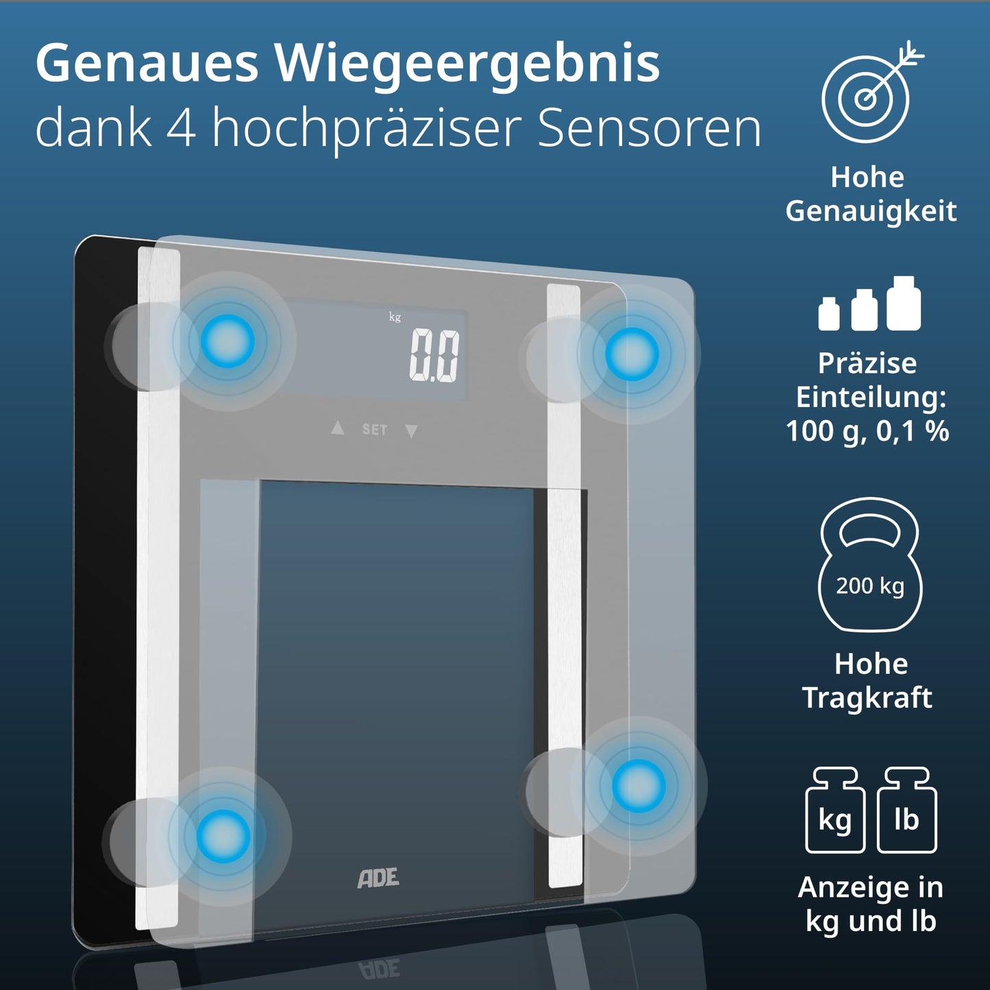 ADE Digital Body Fat Scale Ines up to 200 kg | Best in Test 2024 | Body scale with body fat analysis, BMI, muscle mass, body water, weight, BMR | Scale with user recognition | black