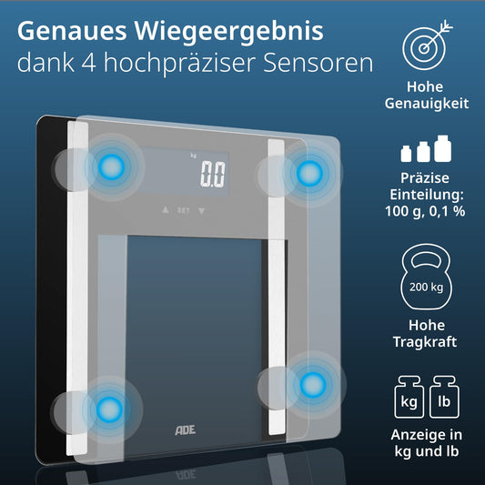 ADE Digital Body Fat Scale Ines up to 200 kg | Best in Test 2024 | Body scale with body fat analysis, BMI, muscle mass, body water, weight, BMR | Scale with user recognition | black