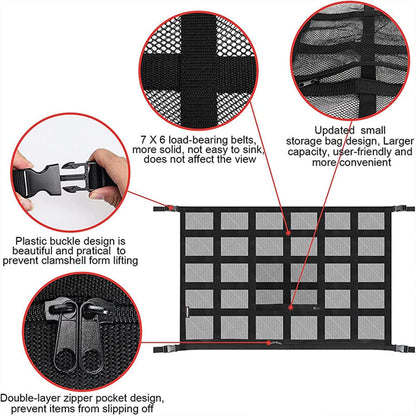 Car luggage net for storage, car cargo net, universal car roof luggage net cover, mesh bag with zipper, 90X65CM.