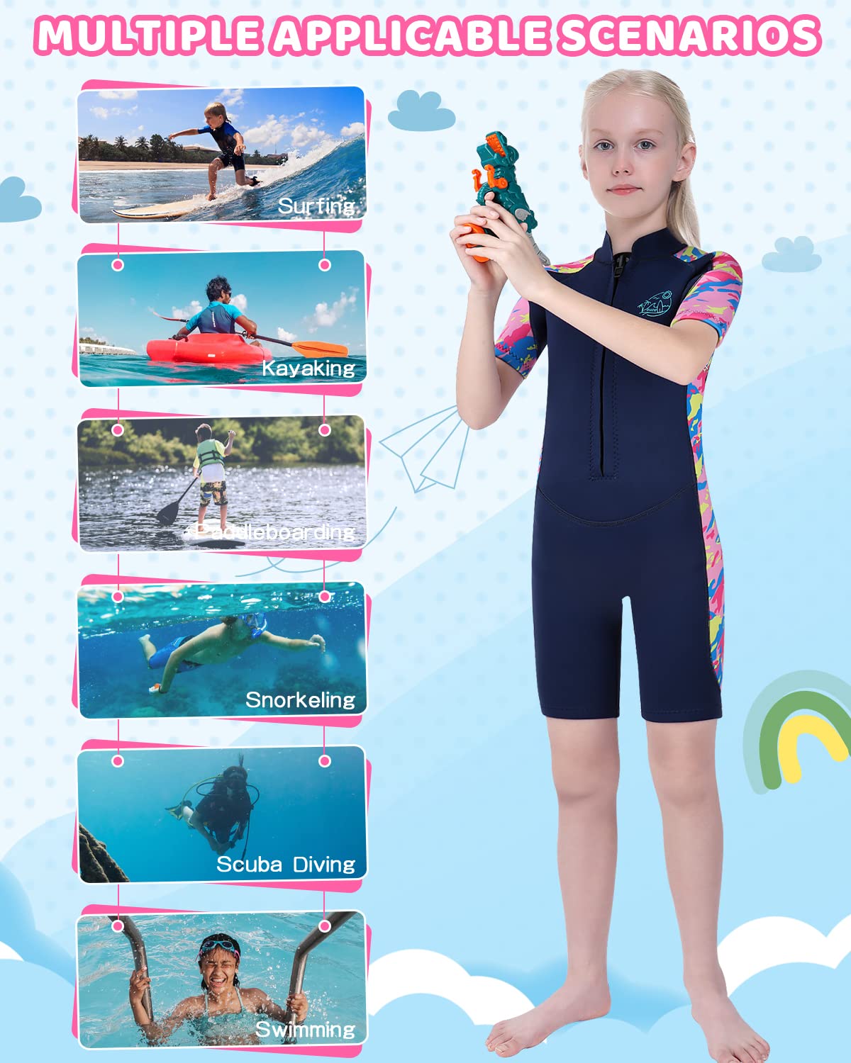 Yikayin Kids Neoprene Wetsuit, 2.5mm Short Neoprene Diving Suit for Boys Girls, Surf Suit with Front Zipper for Diving, Surfing, Swimming, Kayaking.