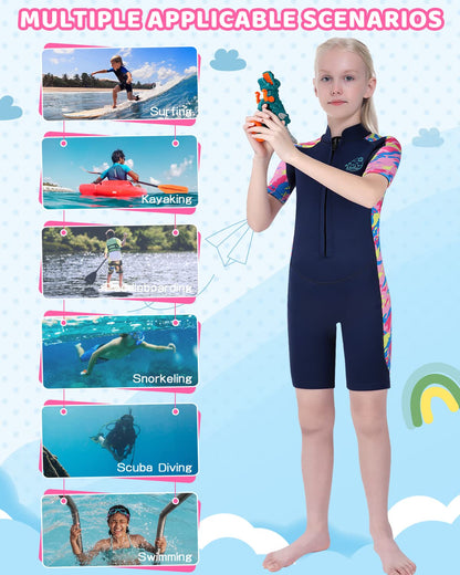 Yikayin Kids Neoprene Wetsuit, 2.5mm Short Neoprene Diving Suit for Boys Girls, Surf Suit with Front Zipper for Diving, Surfing, Swimming, Kayaking.