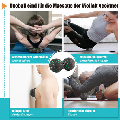 Fascia roller set, set with 3D texture massage fascia roller, mini fascia roller, fascia ball, and duo ball. Fascia set for training muscles, connective tissue, and metabolism, with training posters.
